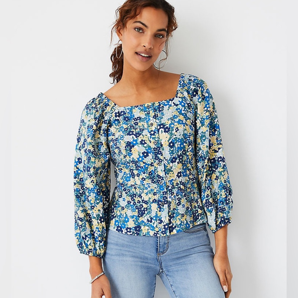 Ann Taylor Floral Blouse Top Square Neck Button Up 3/4 Balloon Sleeve Size XL